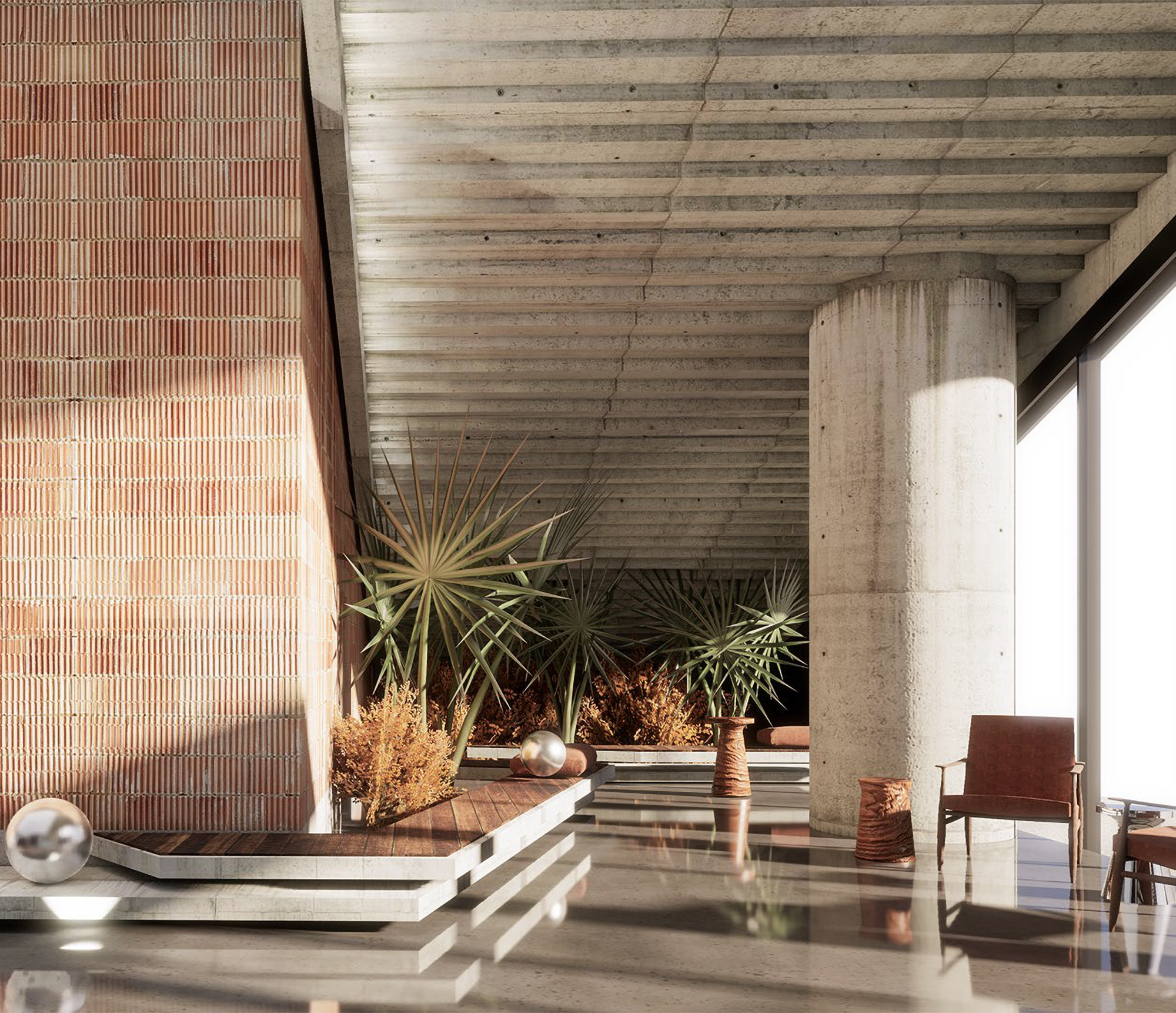 Block 3 lobby with terracotta brick and warm lighting