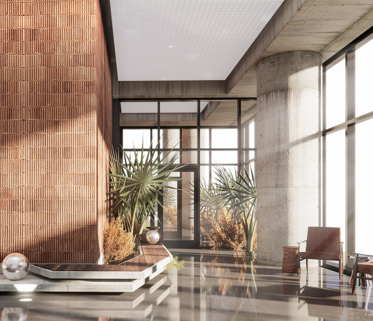 Block 3 lobby with terracotta brick and warm lighting