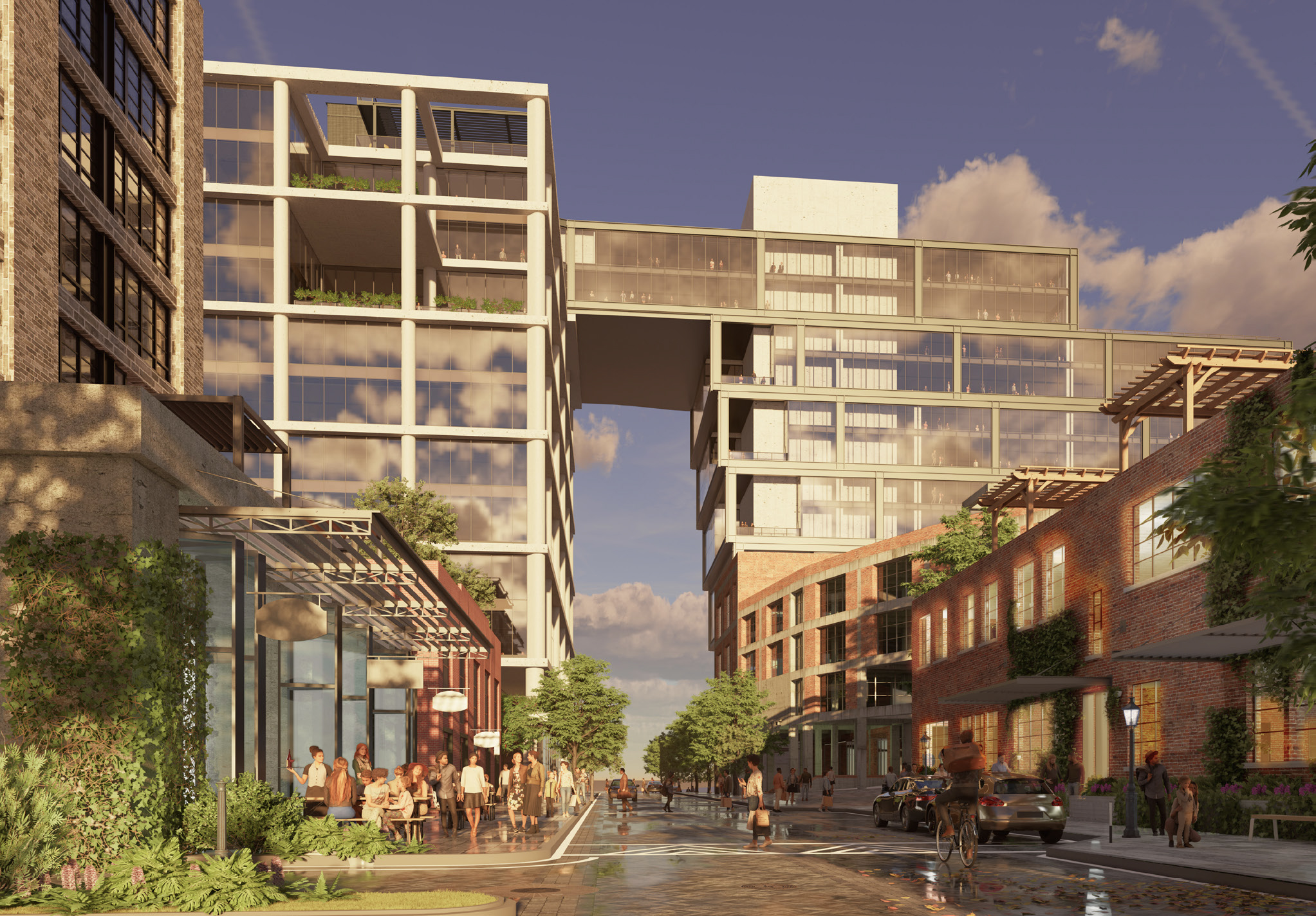 Street-level rendering with skybridge